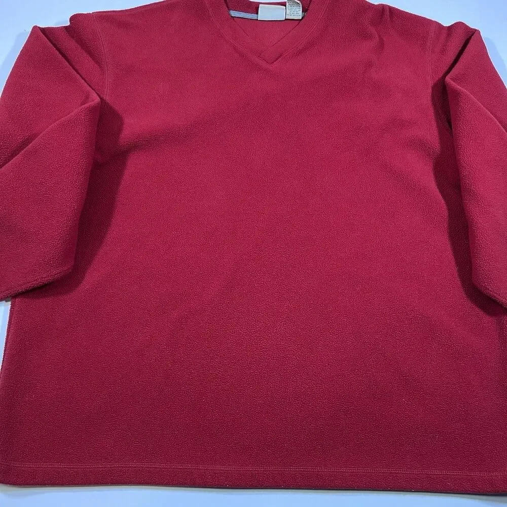 Vintage 90s LL Bean Red Fleece V-Neck Pullover Sweater Men's XL Hong Kong - Picture 5 of 9